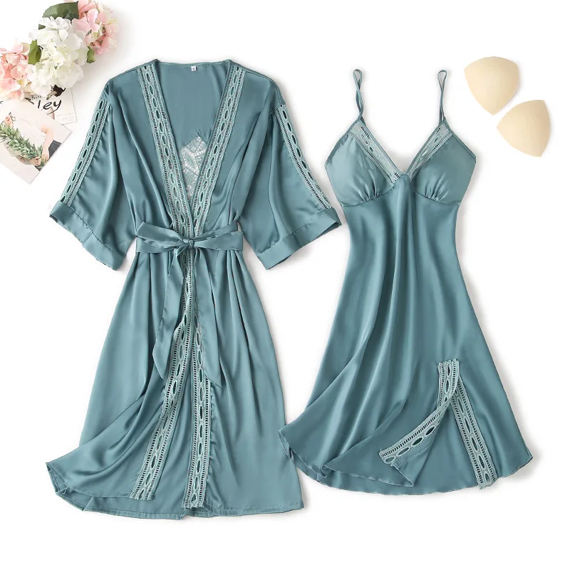 

2PCS Kimono Robe Gown Set Women Sexy Backless Nighty Bathrobe Suit V-Neck Hollowout Home Clothing M-XL Loose Satin Home Wear