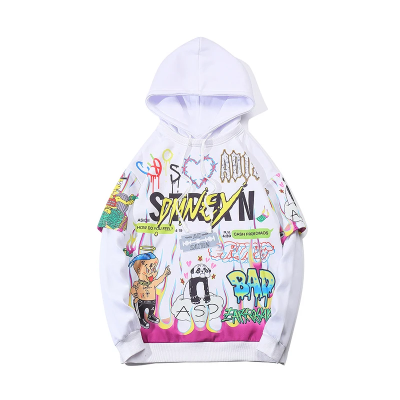 white hoodies Plegie оригинальные толстовки для мужчин мультфильм печати пуловер свободные с капюшоном осень поддельные два предмета Толстовка Уличная толстовки для пар - Цвет: white hoodies