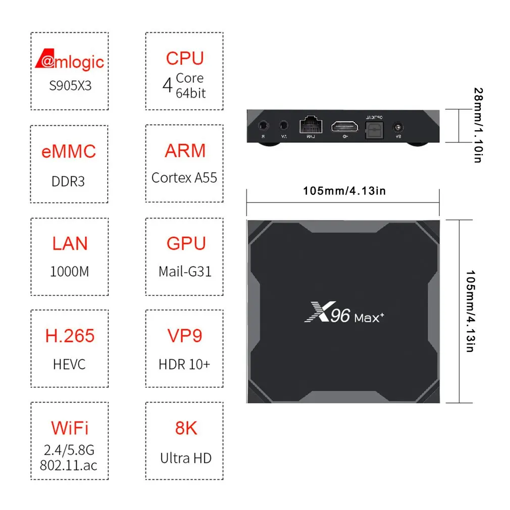 

X96 Max+ S905X3 TV Box Quad Cores Wifi 4K High Definition HDMI-compatible TV Box Set Top Box Support TF Card AV IR