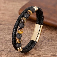 charm men stone beaded bracelet vintage multilayer leather rope mens bracelets natural stone beads stainless steel jewelry gifts