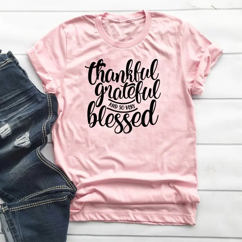 pink-black text Благодарная и очень футболка с надписью Blessed, Женская Осенняя Праздничная футболка на День Благодарения, Винтажная футболка унисекс с изображением христианских героев - Цвет: pink-black text