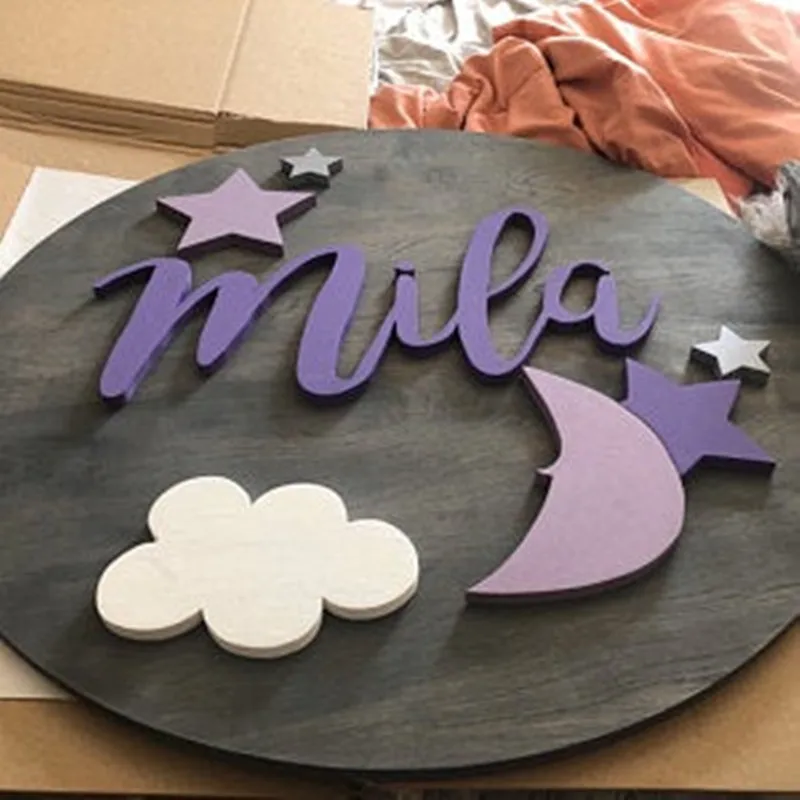 Круглый 3d знак имени для детской комнаты с Луной и звездами деревянный именной на