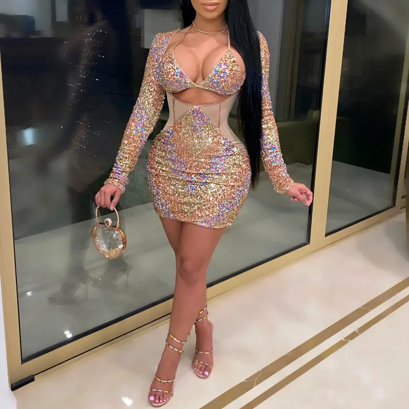 

Sexy V-neck Glitter Sequins Halter Mini Dress Women Birthday Celebration Bar Party One Piece Outfit Nightclub Singer Stage Wear