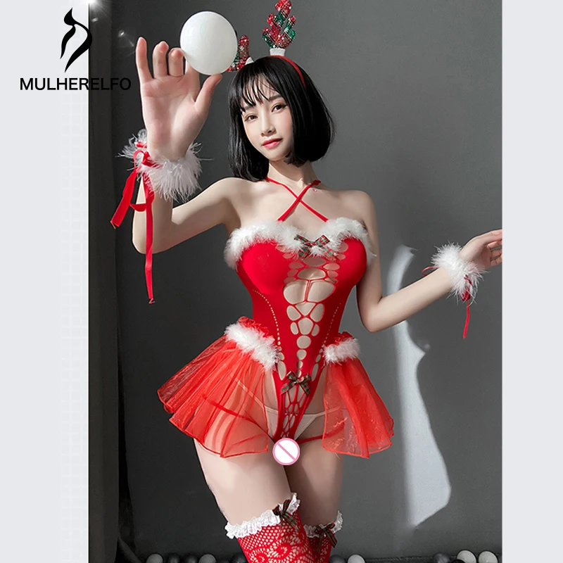 

Sexy Cross Sling Backless Hollow Women's Bodysuit Erotic Perspective Mesh Female Cosplay Suit Temptation Lace Bownot Onesie Set