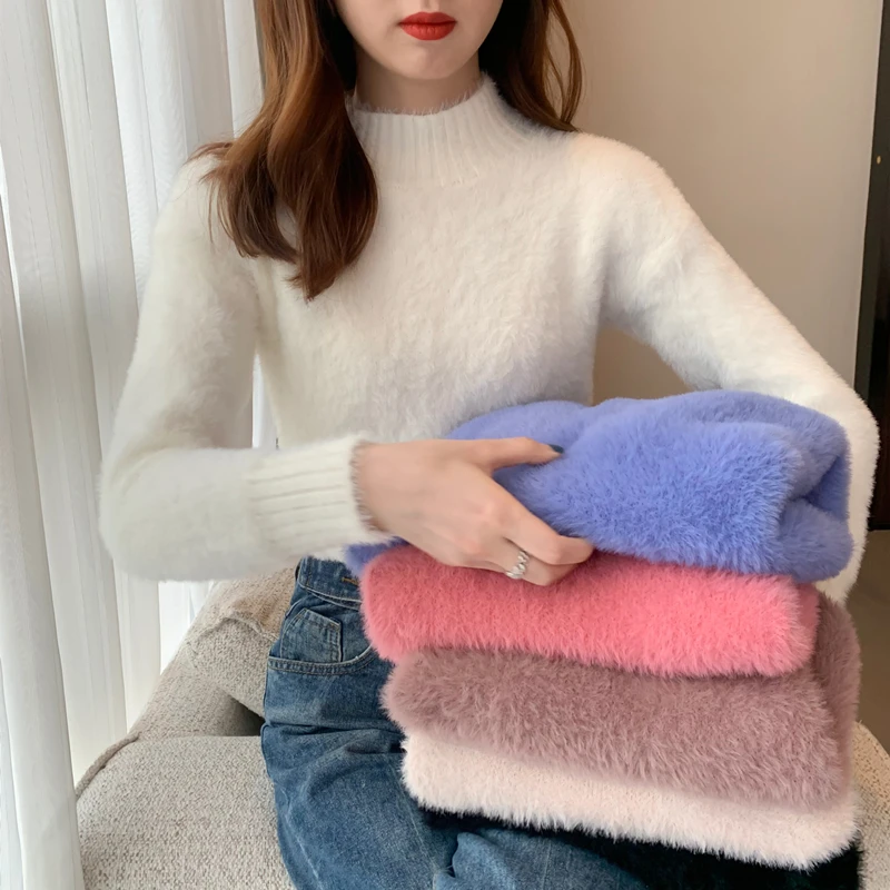 

Thickened Basic Sweater Women Korean Gentle Wind Half High Collar Plush Top Womens Winter Sweaters Dropshipping