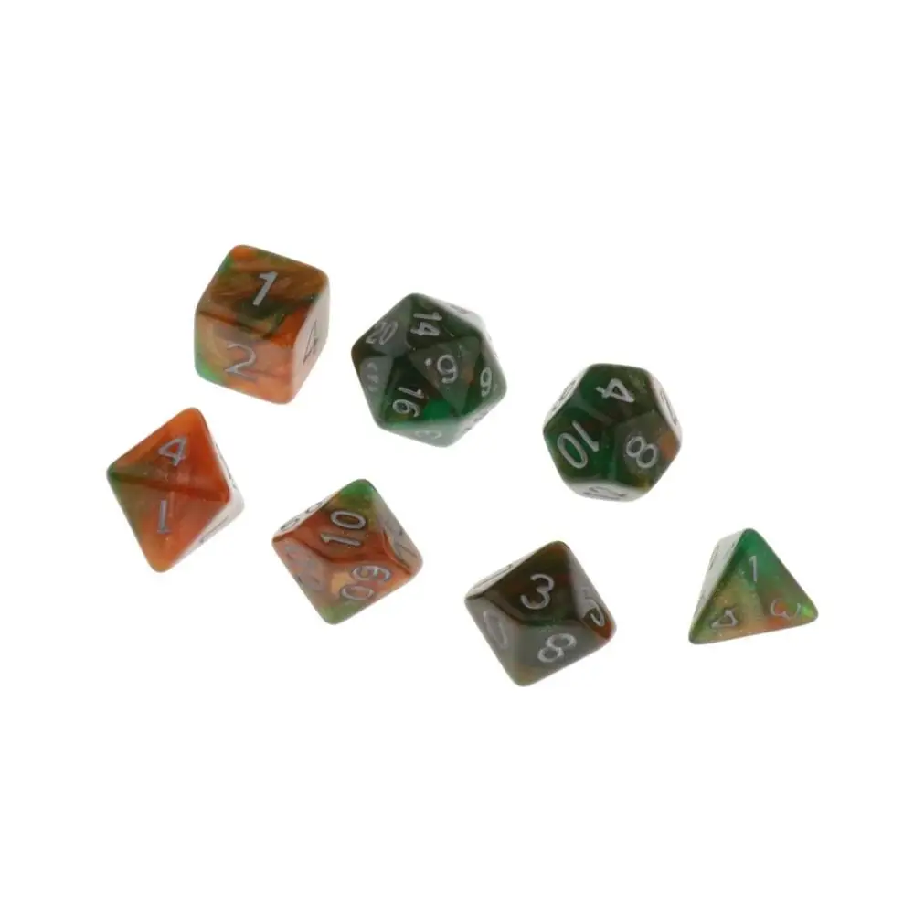 MagiDeal, 7 штук, многогранные кости для подземелий и драконов, D20, D12, D10, D8, D6, D4, настольные игры+ вечерние кубики - Цвет: 7pcs Green Orange