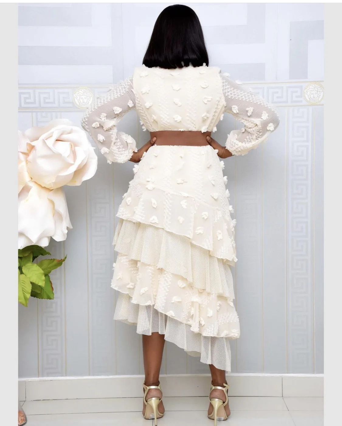 

Women Printed Dresses Cake Long Sleeves V Neck Female Fashion African Plus Size Ladies Vestidos Robes Lovely Date Sweet Dress