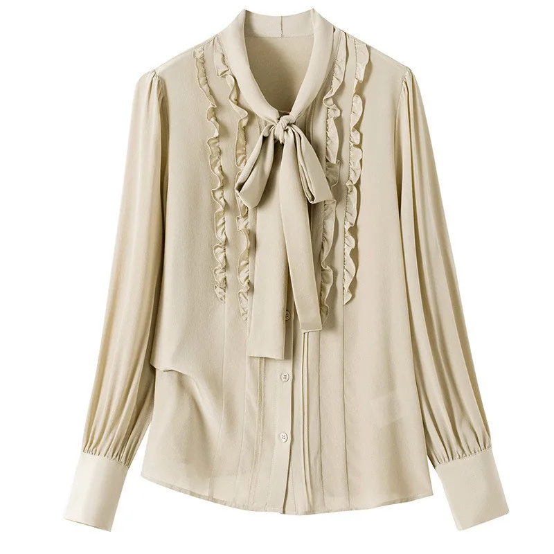 

Luxury 100% Real Silk Blouses Women Spring Designers Bow Collar Ruffles Office Lady Shirts Femininos Blusas Loose Tops