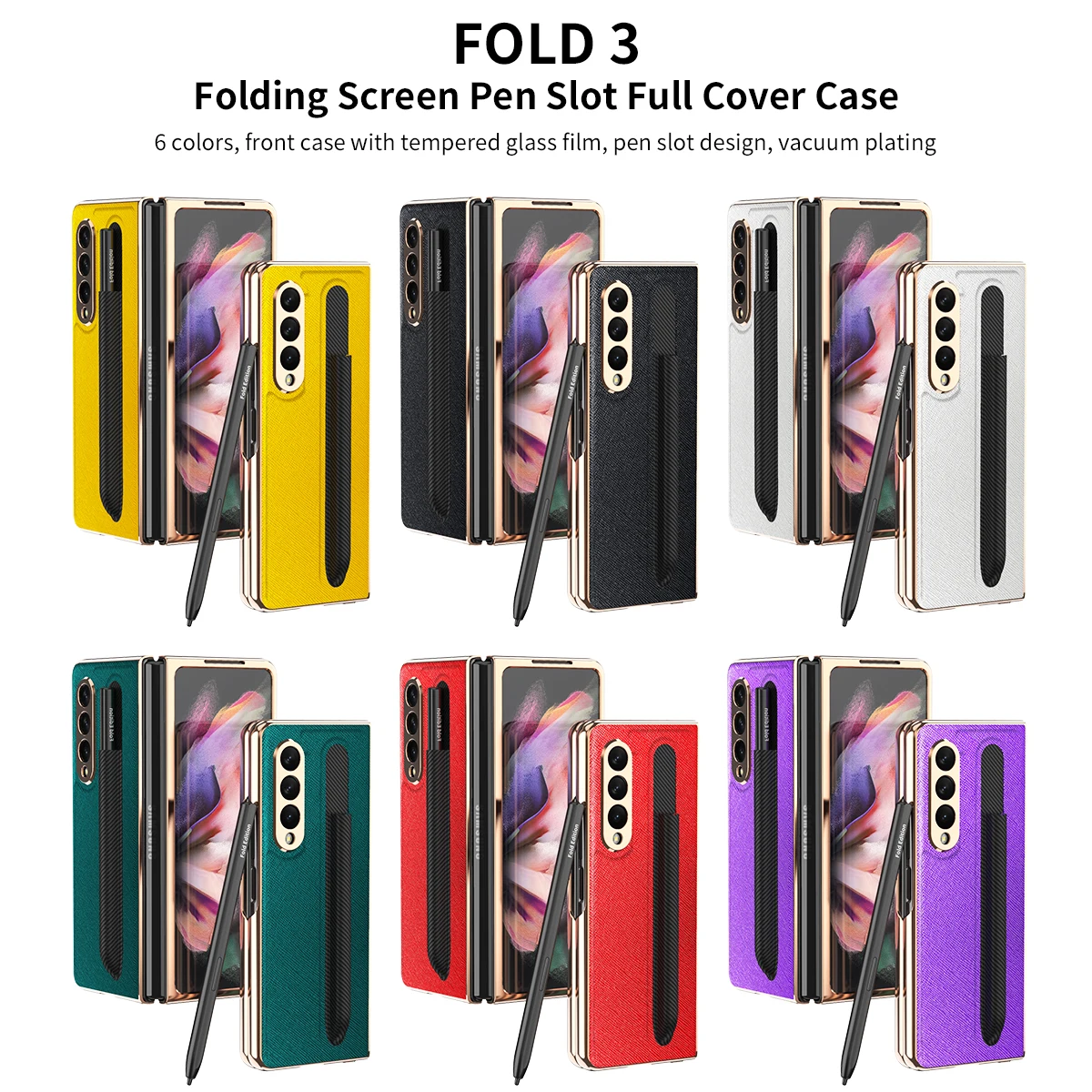 with front glass pen holder slot case for samsung galaxy z fold 3 fold3 5g case ultra thin cross pattern leather phone cover free global shipping