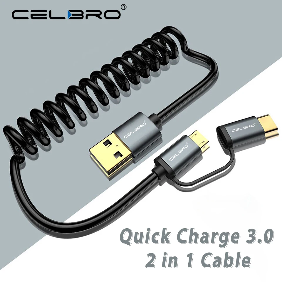 2 в 1 кабель Micro usb type C зарядное устройство с пружинным спиральным USB выдвижной QC 3 0