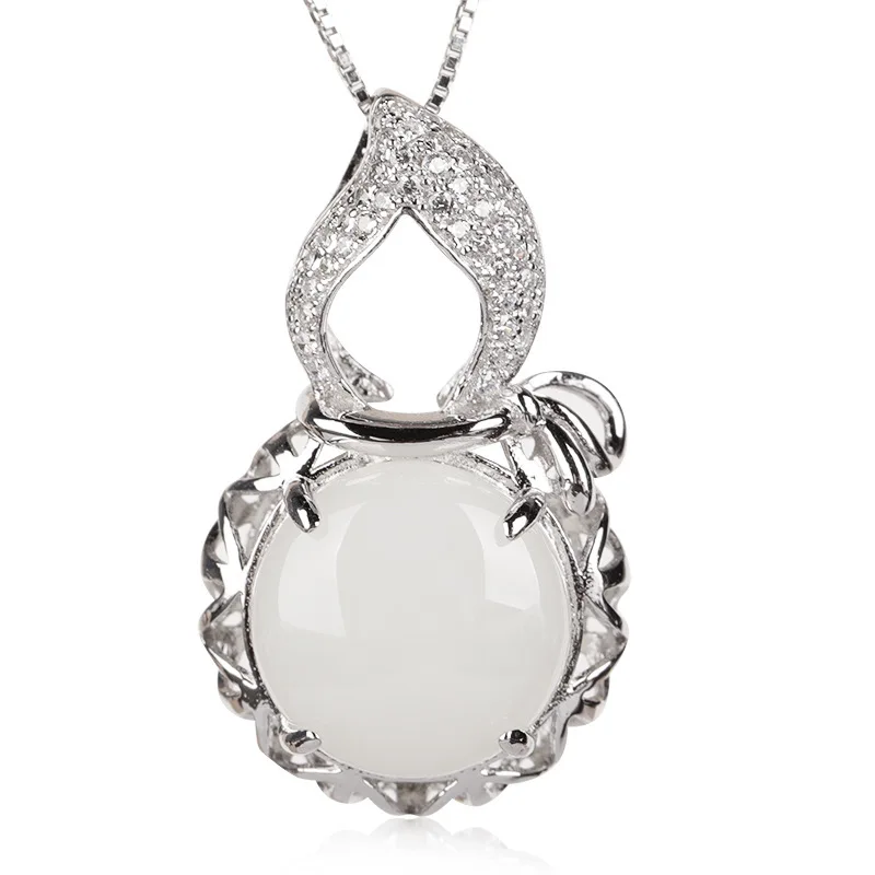 

925 silver inlaid with hetian jade necklace pendant female white jade 12 mm big egg noodle pendant with certificate