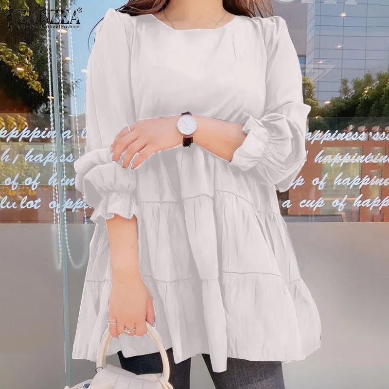 

ZANZEA Ruffle Blouse Women 2021 Ladies Elegant Shirts Casual Puff Sleeve White Tops Autumn O Neck Blusa Femininas