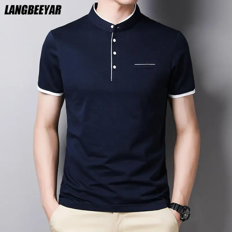 

Top Quality New Summer Tops Plain 95% Cotton 5% Spandex Mandarin Collar t Shirt Men Short Sleeve Casual Fashion Mens Clothing