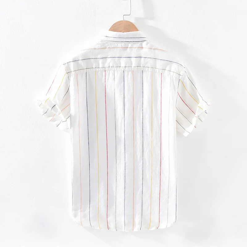 

Hot Sale 2021 Small Fresh Striped Linen Shirt Men's Loose Breathable Lapel Short Sleeve Linen Shirt Camisas Para Hombre