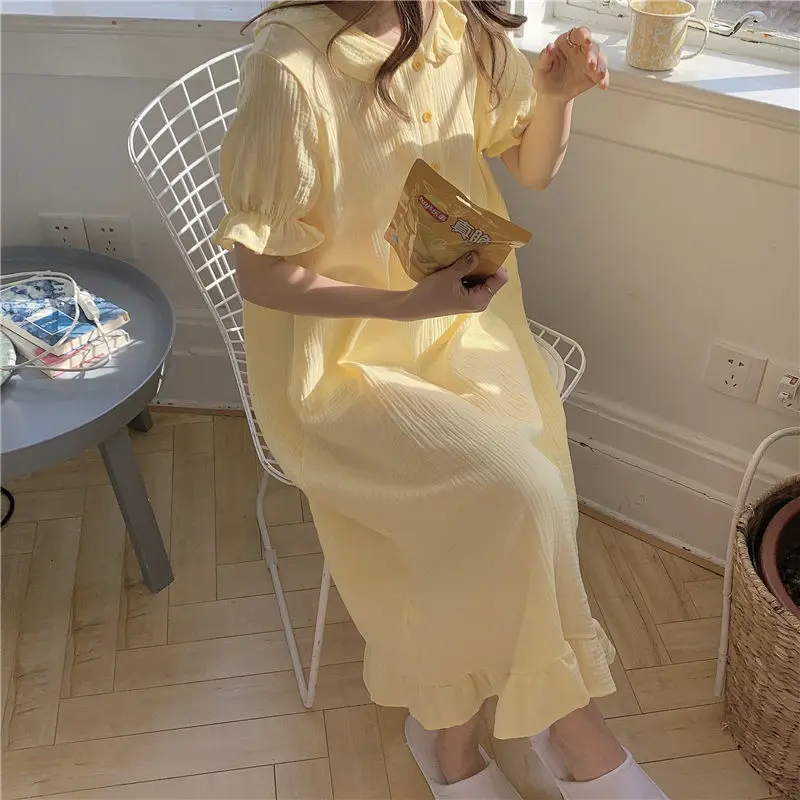 

QWEEK Cotton Korean Sleepwear Women Kawaii Nightdress Summer Nightie Long Fairy Dress Nightgown Cute Nightwear Dressing Gown