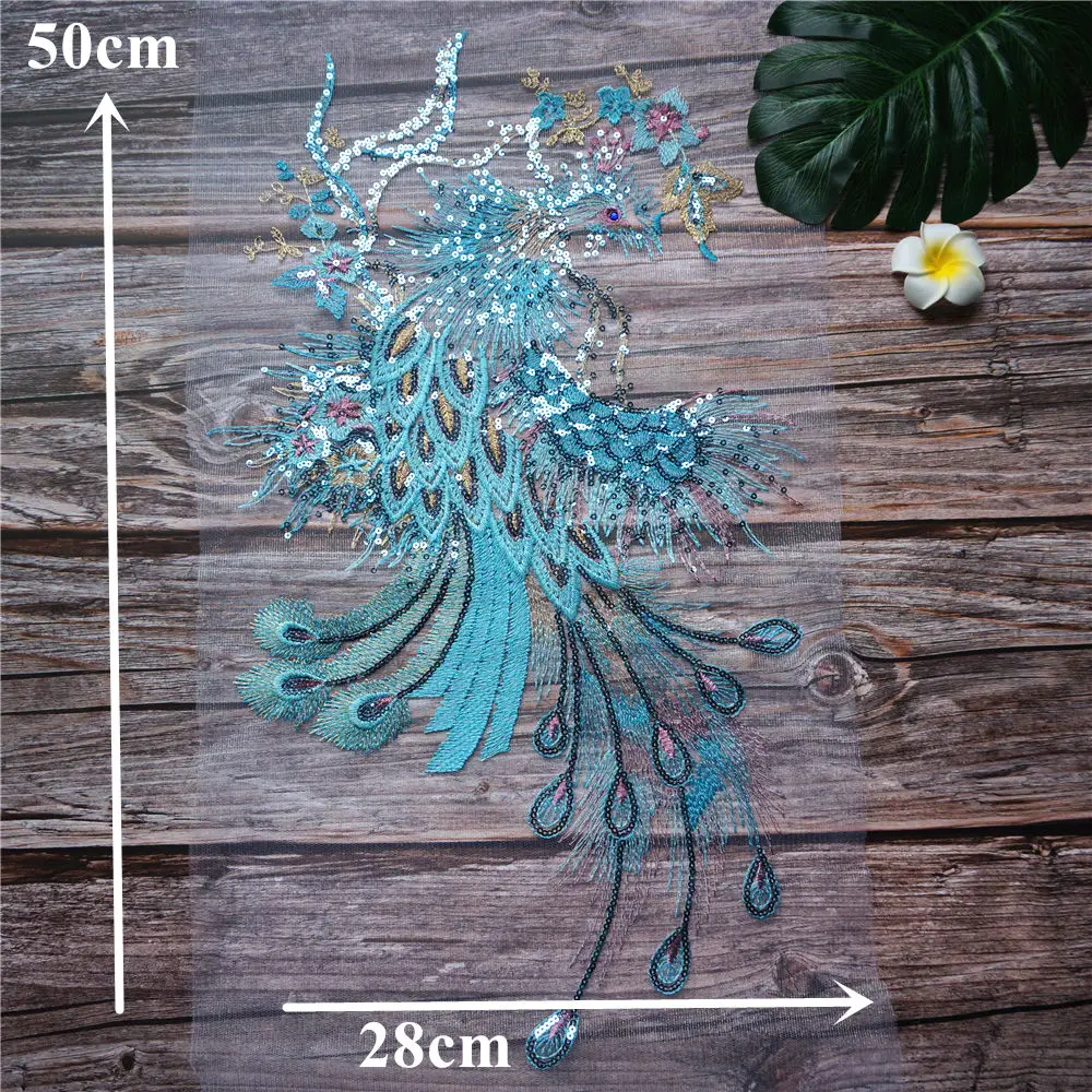 Голубое кружево с блестками Феникс павлин Аппликации мечтательная вышитая ткань