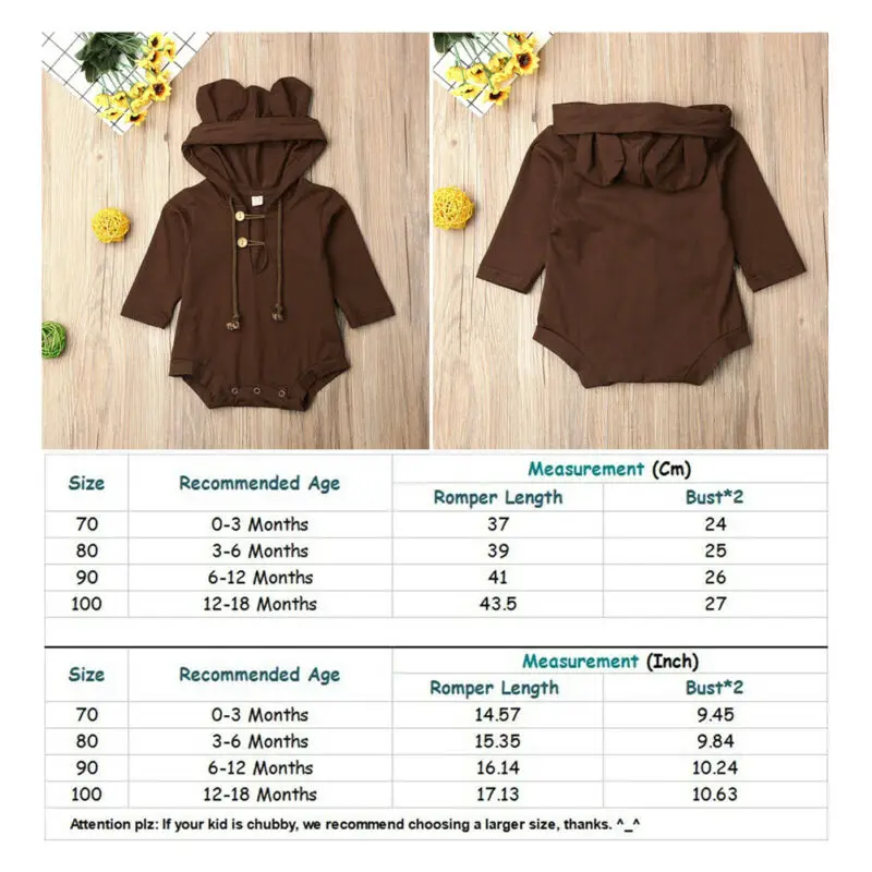 Newborn Baby Kids Girl Boy Hooded Long Sleeve Cute Bear Ear Romper Bodysuit Jumpsuit Cotton Clothes Outfits Autumn 0-18M | Мать и ребенок