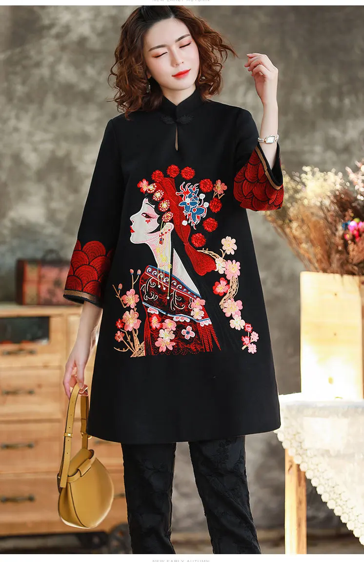 Осенне-зимние шерстяные топы cheongsam с вышивкой в стиле знаменитостей, со стоячим воротником, Свободный пуловер