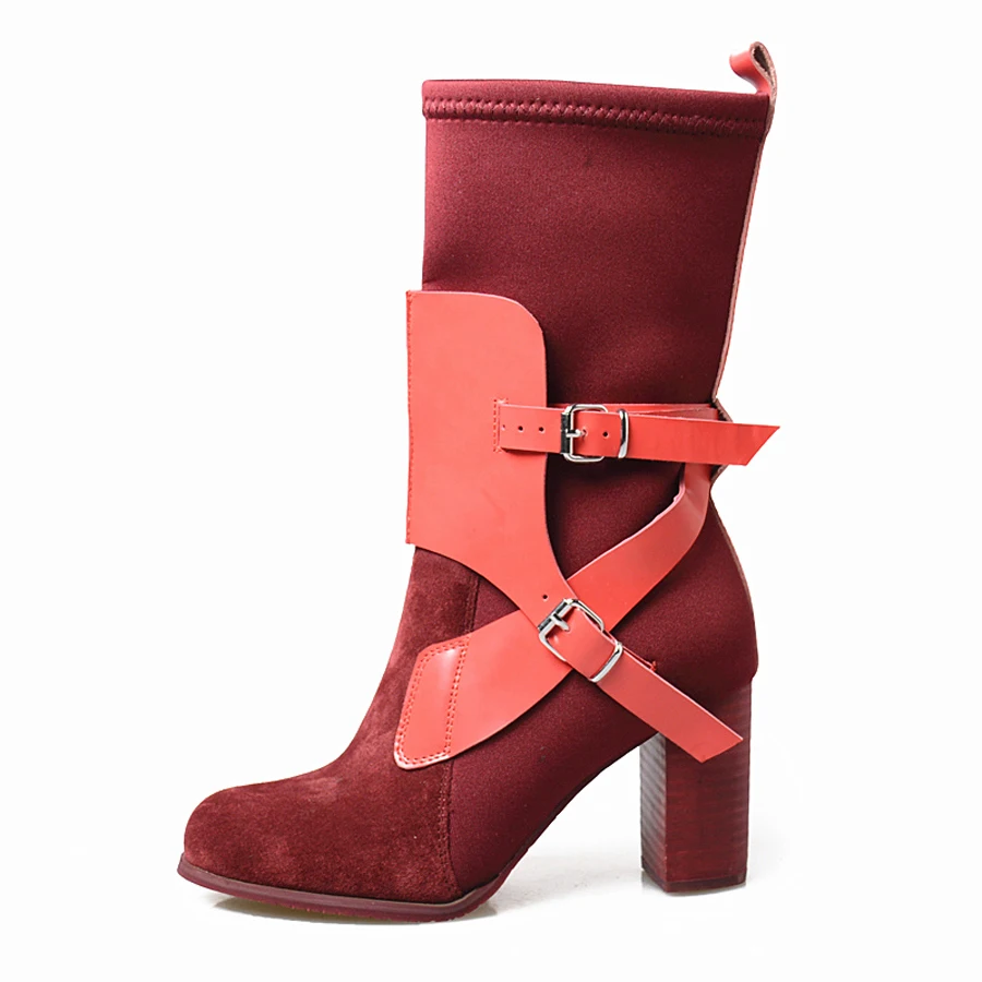 Koop Prova Perfetto Nieuwste Stretch Sok Laarzen Lederen Gesp Ronde Neus Chunky Hoge Hak Chelsea Korte Laarzen Mujer Zapato