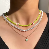 multilayer heart pendant pearls beaded necklace for women cute flower handmade beads metal chain choker necklace fashion jewelry