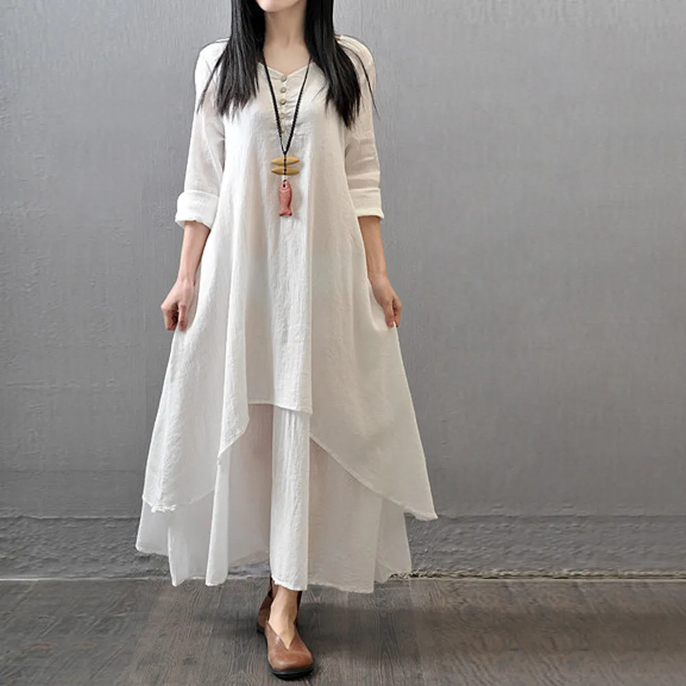 Женское повседневное свободное платье с длинным рукавом из хлопка и льна длинное