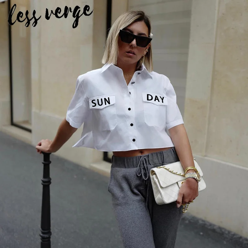 Lessverge/Повседневная белая блузка с коротким рукавом и буквенным принтом женская