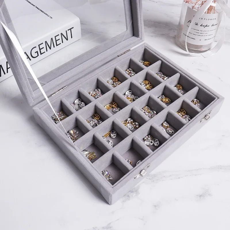 

24Grids Nail Art Showing Shelf Box For Nail Jewelry Rhinestones ornament Storage Luxury Organizer Soft Cloth Box With Glass Top