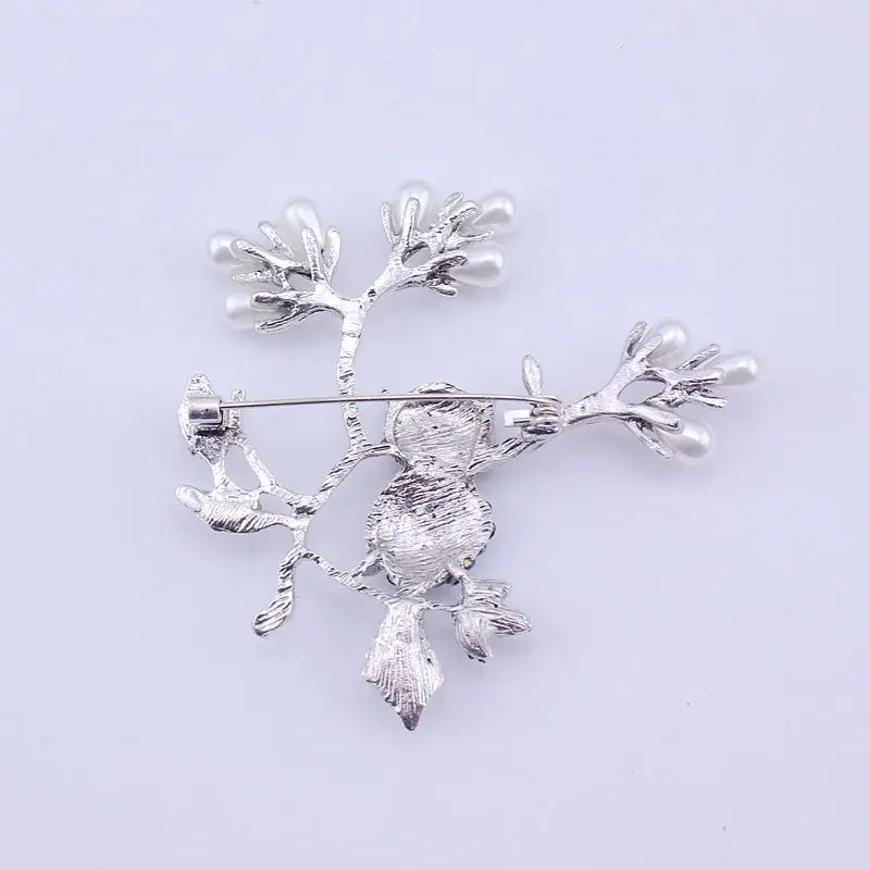 TANGTANG Large Brooch Blue Crystal Eyes Owl On Branch Simulated White Pearl Antique Metal Pin For Women Unique | Украшения и