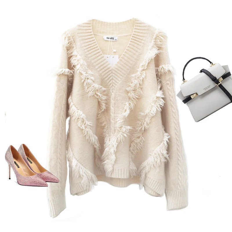 Autumn Winter Solid Knitted V--Neck Sweater Women Casual Loose TOP Female Long Sleeve Knit Tassel Sweaters | Женская одежда