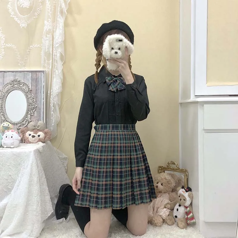 Женская плиссированная юбка [Зеленый Золотой Павлин] клетчатая с высокой талией