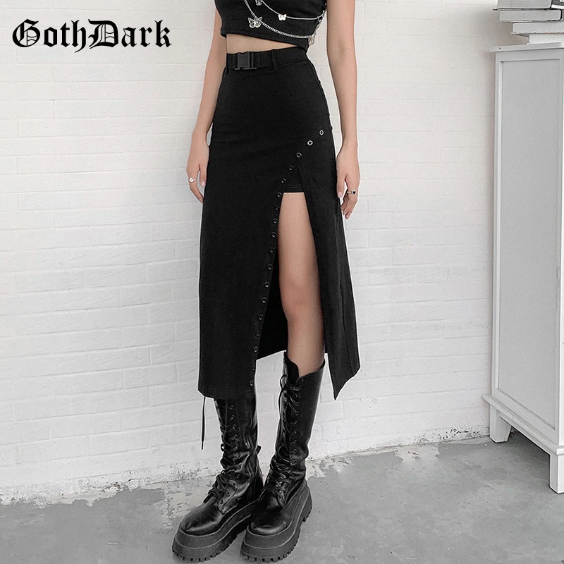 Goth Dark Gothic High Waist A-Line Black Midi Skirts Mall Goth Y2k Punk Style Women Sexy Slit Side Buckle Front Skirt Clubwear