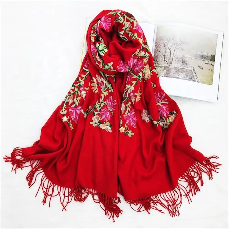 Новый женский шарф из искусственного кашемира с цветочной вышивкой толстый