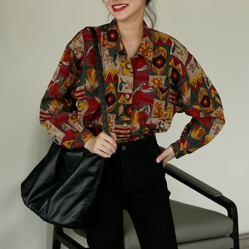 

QWEEK Harajuku Vintage Graphic Cardigan Floral Print Shirt Women 90s Oversize Fall 2021 Button Up Blouse Ladies Aesthetic Casual