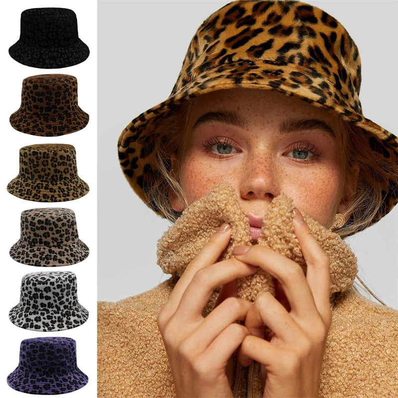 Men Women Fluffy Leopard Print Fisherman Caps Hip Hop Street Style Bucket Hats Winter Warm Party Sunhat Size US 7 1/4 UK L