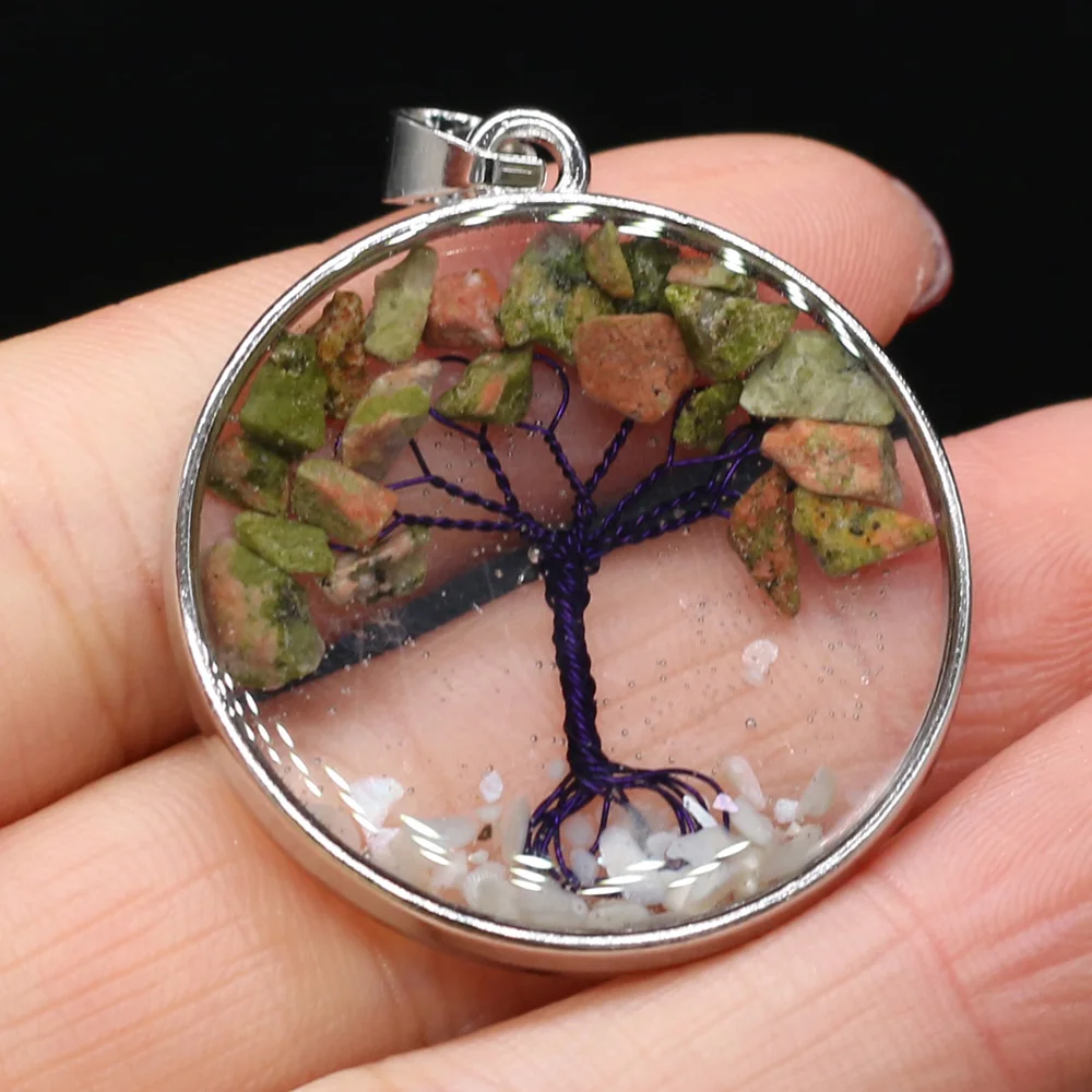 

Natural Stone Round Unakite Gravel Tree Charm Pendant for DIY Necklace Earring Jewelry Making Women Jewelry Gift Size 33x33mm