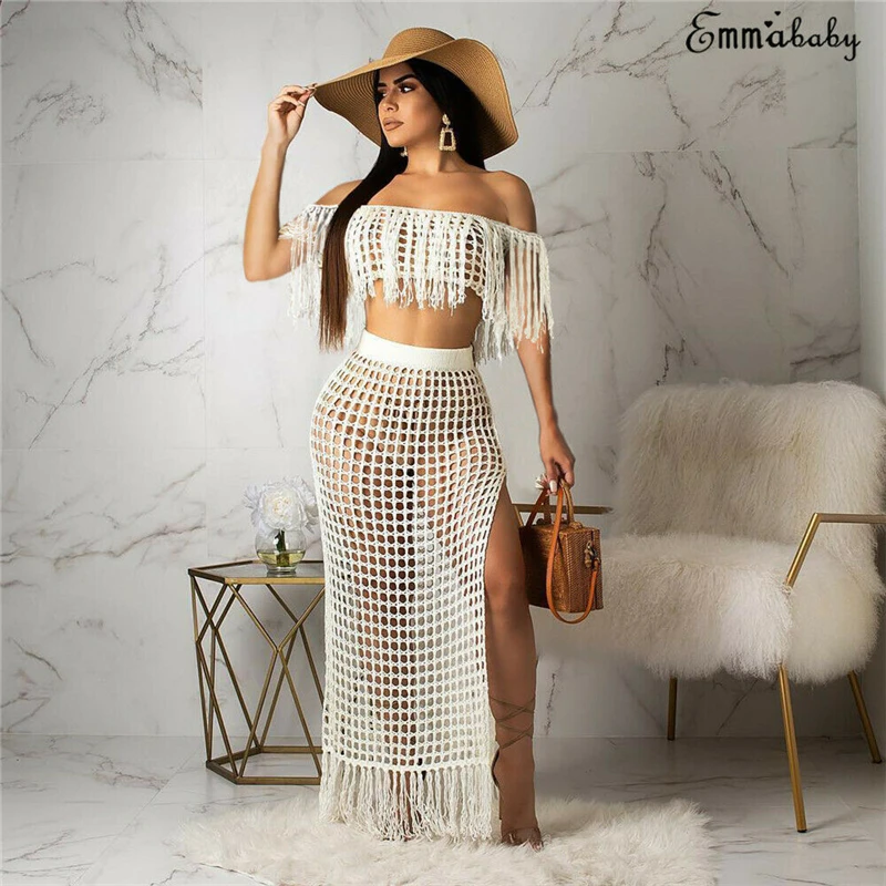 

Women Long Sleeve Off Shoulder Tassel Hollow Out Cover Ups Dress Fishnet Beach Skirt Women Clothes Set 2pcs