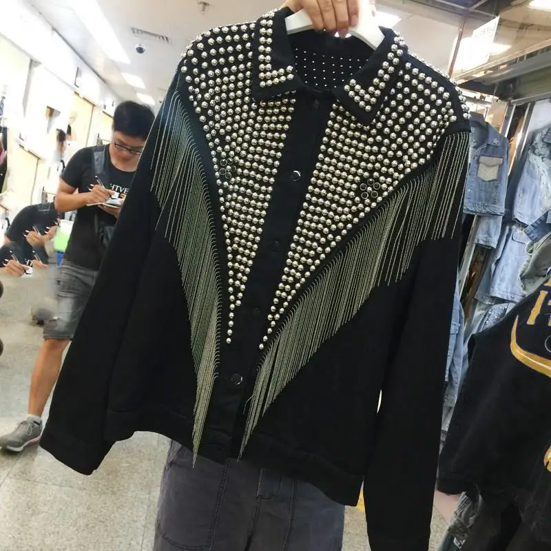 2019 Женская Осенняя джинсовая куртка с бахромой и кисточками Геометрическая