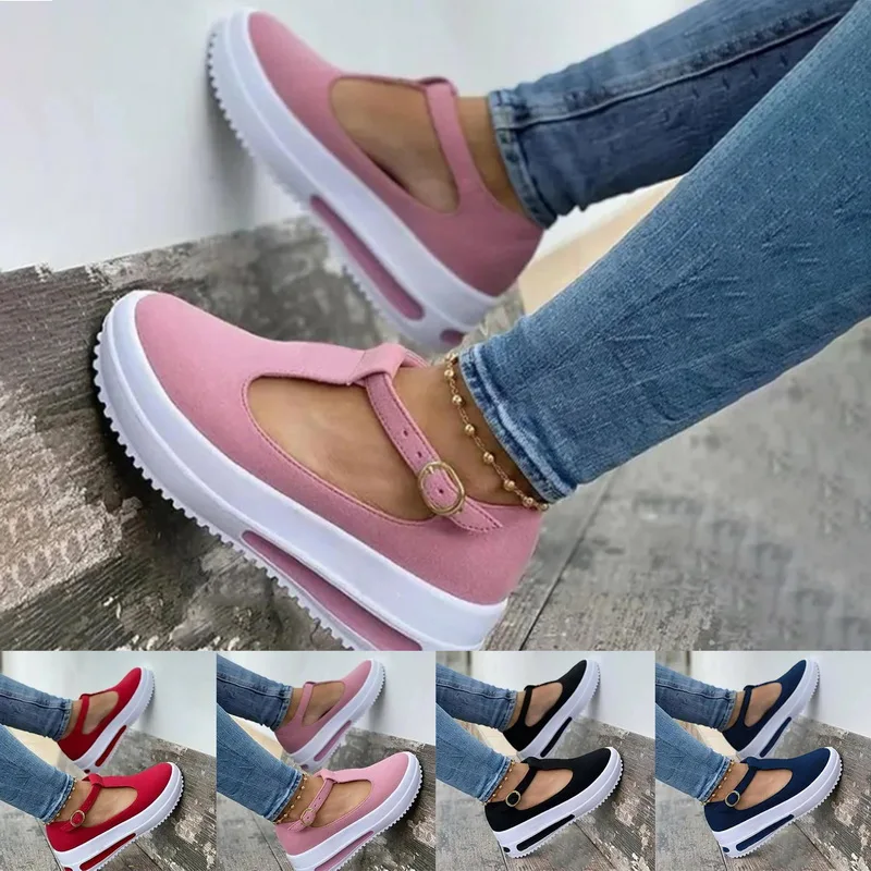 

Litthing 2021 New Summer Women Flat Fashion Buckle Strap Platform Flat Casual Ladies Plus Size Shoe Casual Women Vulcanize Shoes