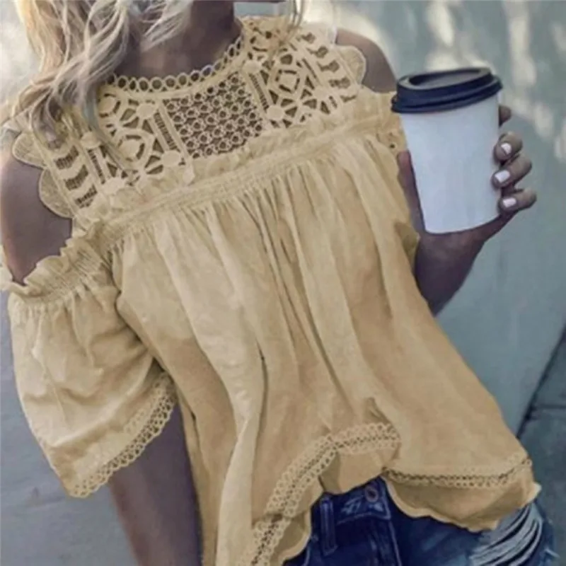 Женский сексуальный О вырез кружева выдалбливают Блузки 2019 Лето Тонкий с