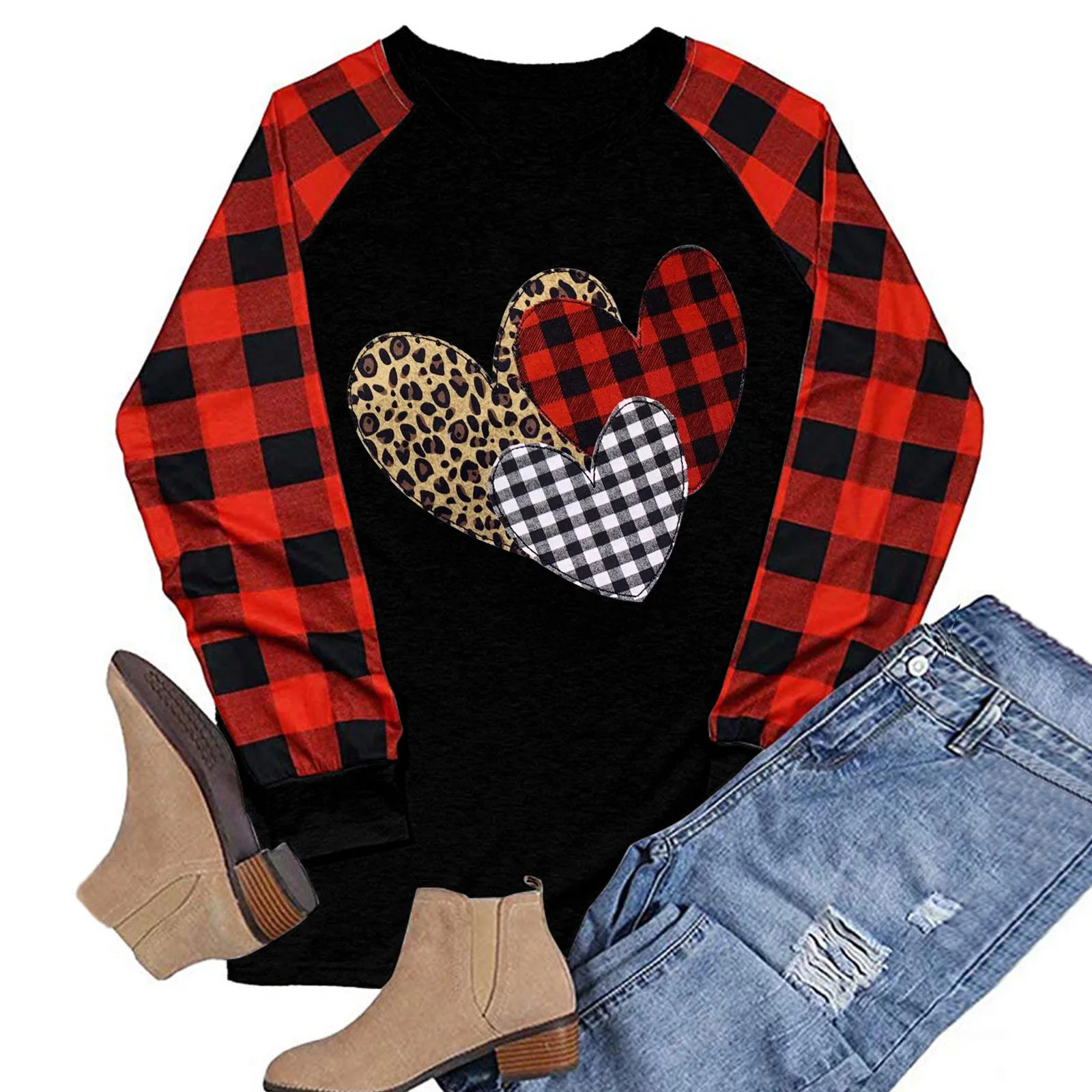 

Patchwork Hoodie Women Casual Heart Printing Plaid Raglan Long Sleeve Hoodies Women 2021 Fashion Vintage Clothes кофта женская