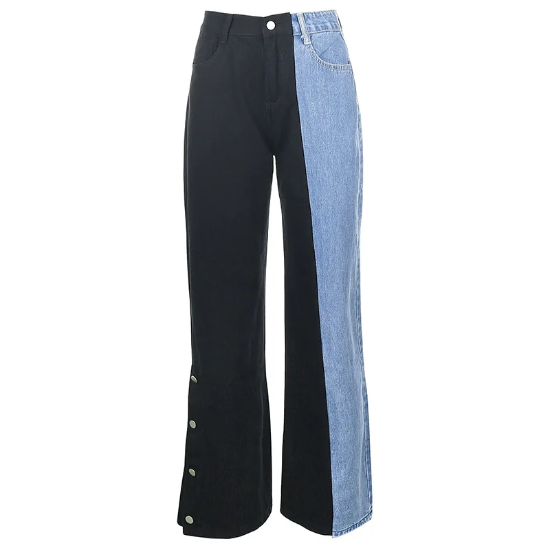 

Women Jeans New Contrasting Color Stitching High Waist Jeans Side Slit Loose Casual Straight-Leg Pants