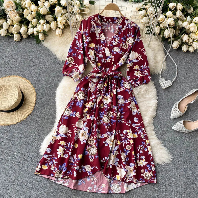 

New Vintage Slim V Neck spring Autumn Floral Print Midi Long Irregular Bandage Dress Women 3/4 Sleeve High Waist elegant dress