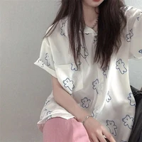 deeptown kawaii chemise oversize female harajuku summer blouse bear print graphic cardigan cute tops soft girl button up clothes