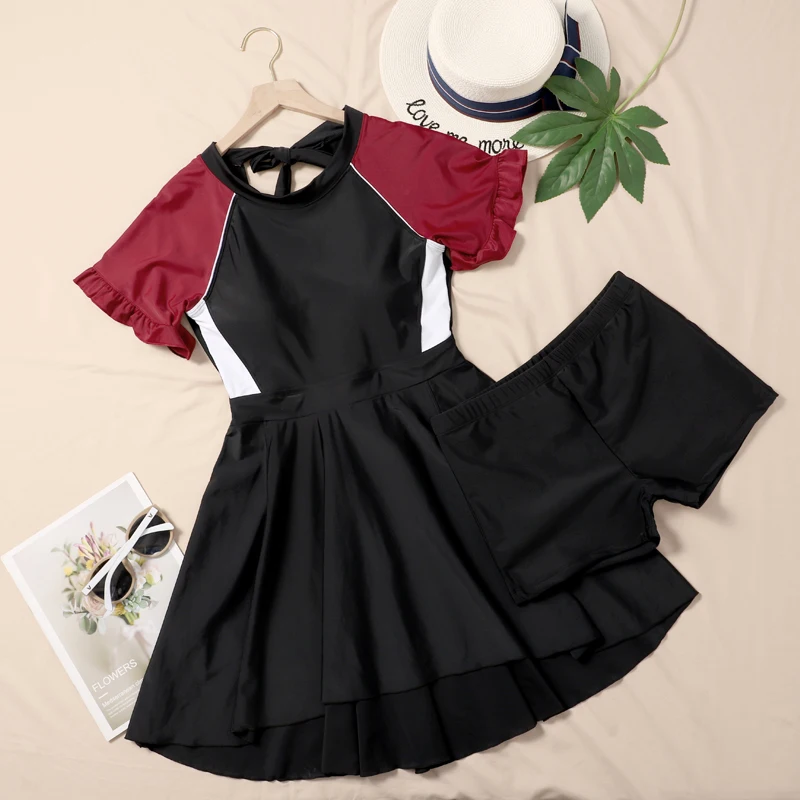 

2022 Conservative Swimdress for Women Plus Size One Piece Swimsuit with Sleeves Tummy Control Female Swimwear Large Size 2XL-6XL