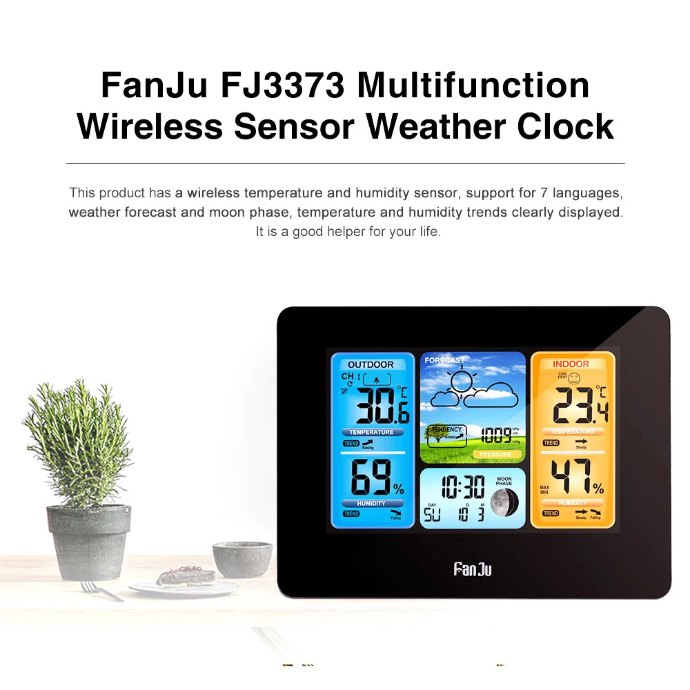 

FJ3373 Wall Desk Alarm Clock Weather Station Digital Thermometer Hygrometer Wireless Sensor Forecast Temperature Watch