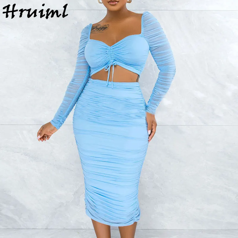 

Dress Sets Women Outfits Long Sleeve Tops Long Skirts Solid Color Draped Women Sets Backless Sexy Fashion Elegant Knit 2 Pieces