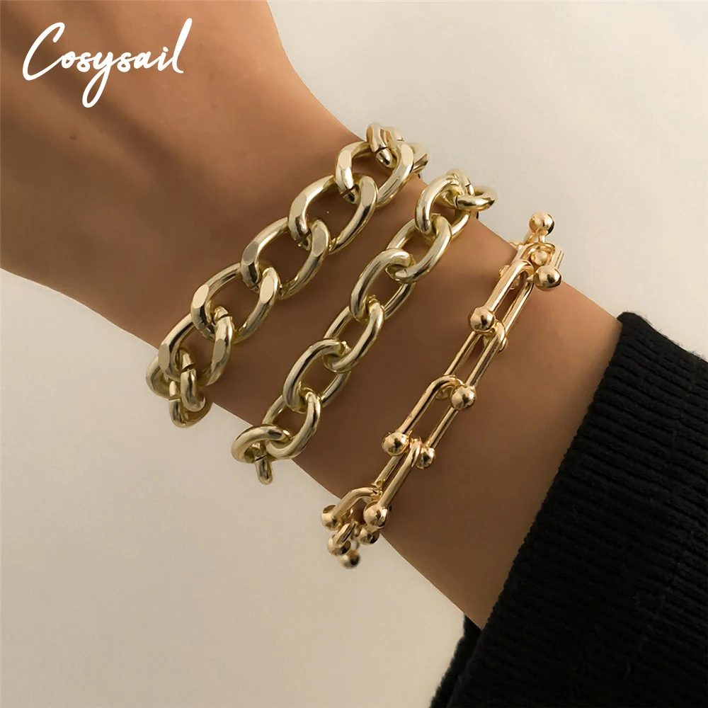 

Cosysail 3Pcs/Set Punk Chunky Chain Bangle Bracelet for Female U Shape Chain Geometric Bracelet Bohemian Jewelry Accessories