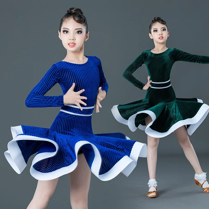 

velvet long sleeves latin dance dress for children girls competition ballroom kids tango salsa dancewear practice wear cha cha