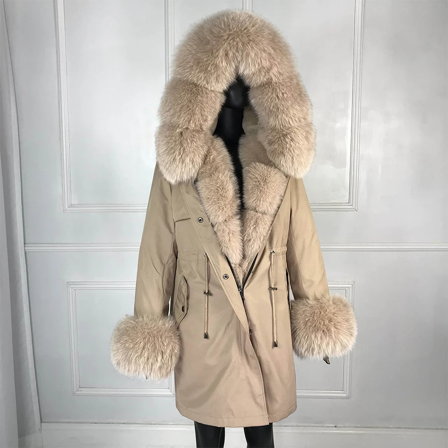 real natural fox fur coat jacket parka with big fox fur collar rabbit fur liner thick warm fashion new winter waterproof