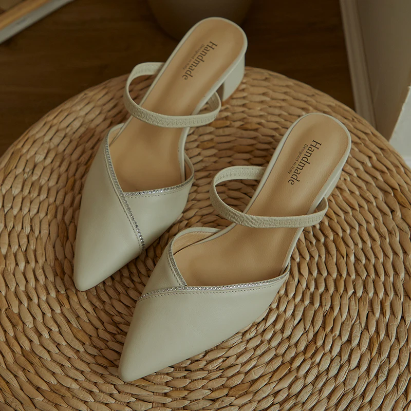 

Women Summer pumps For Walking Home Genuine leather poined toe med heels ladies slippers Casual House Shoes Woman